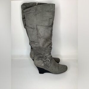Kohl’s SO Below Knee, Gray Wedge Heeled Boots with Silver Buckle Detail …